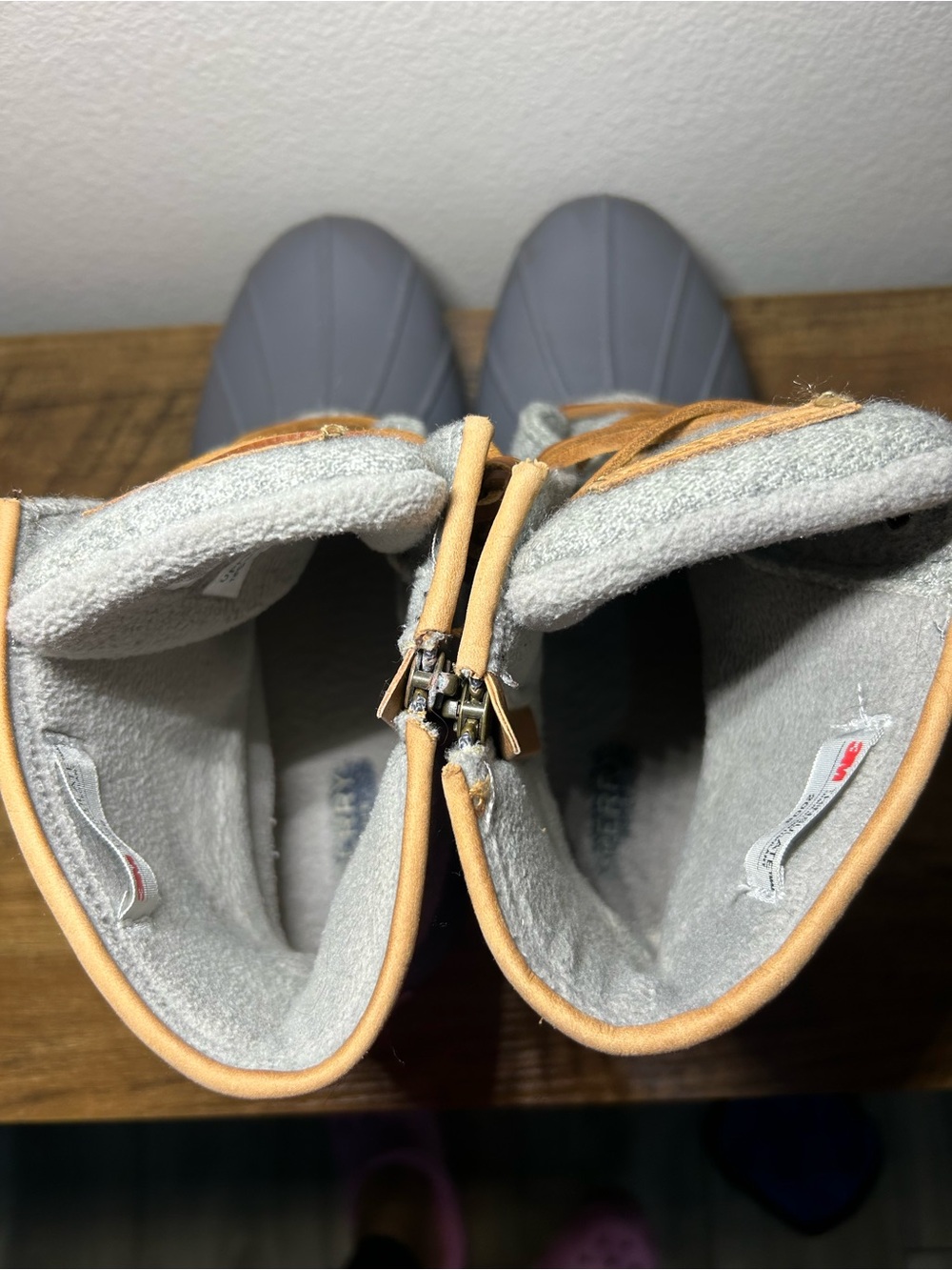 Sperry Gray Duck Boots with Tan Leather Trim - Women's Winter Rain Boots - Picture 4 of 6